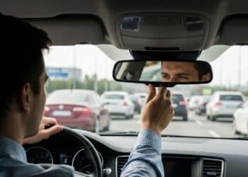 Motorista ajustando o espelho enquanto dirige