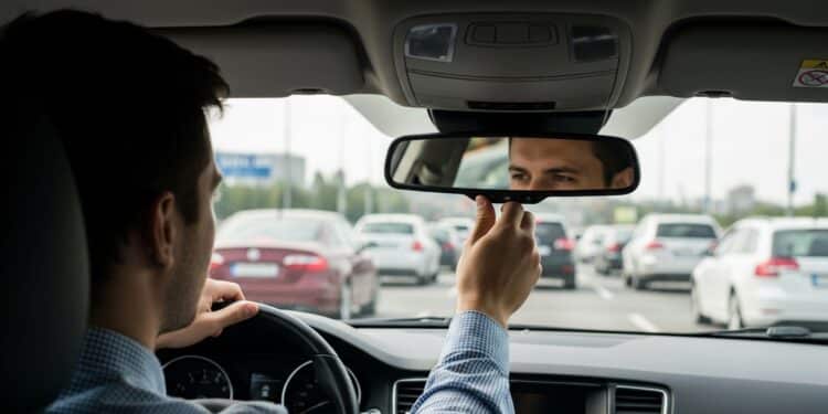 Motorista ajustando o espelho enquanto dirige