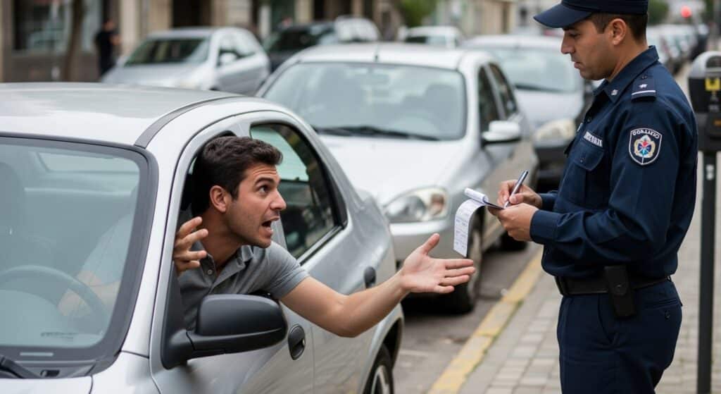Motorista discutindo com oficial por aplicação de multa