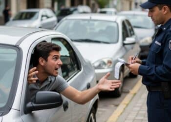 Motorista discutindo com oficial por aplicação de multa