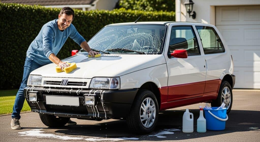 Motoristas limpando o seu Fiat Uno Mille