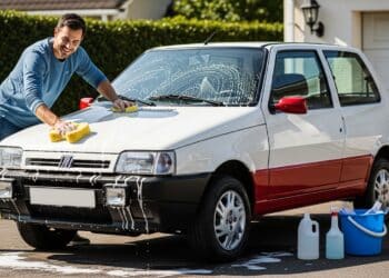 Motoristas limpando o seu Fiat Uno Mille