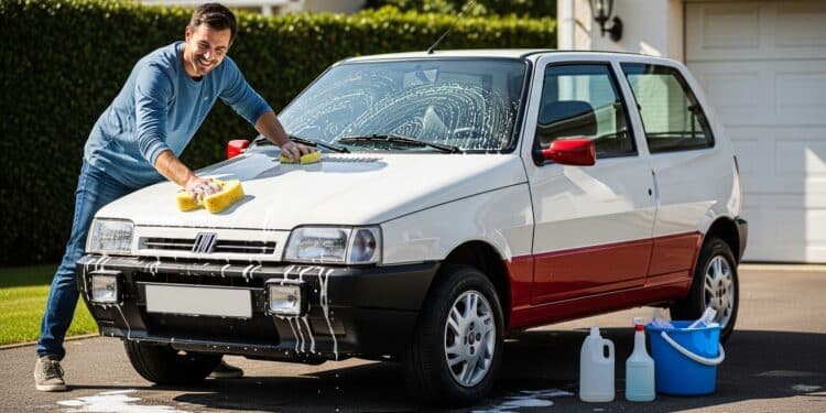 Motoristas limpando o seu Fiat Uno Mille