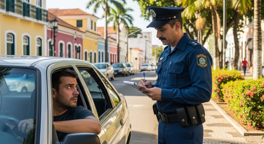 Motorista recebendo multa por policial