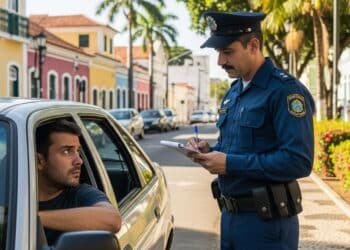 Motorista recebendo multa por policial