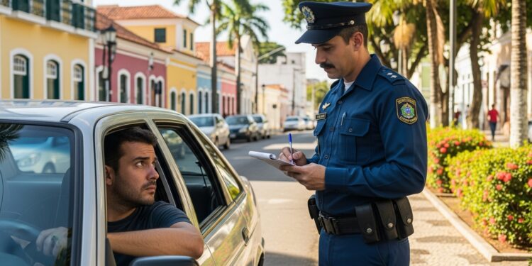Motorista recebendo multa por policial