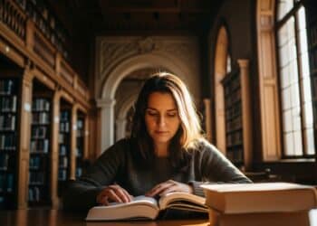 Mulher lendo livro com foco na biblioteca