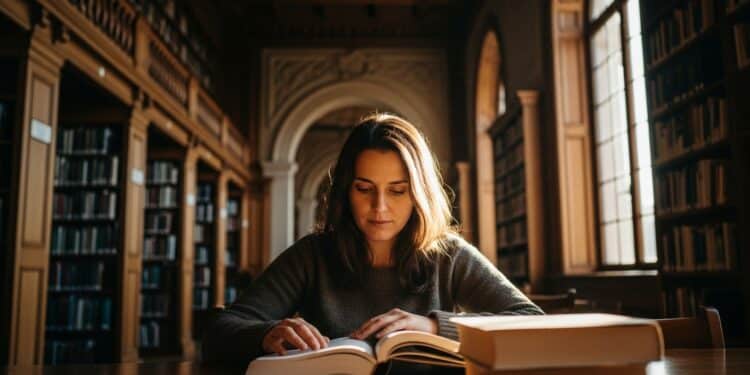 Mulher lendo livro com foco na biblioteca