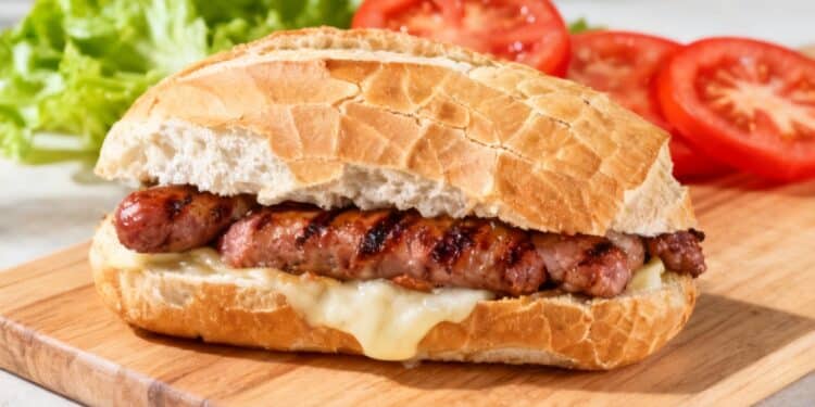 Pão com linguiça e queijo e ao fundo alface e tomate