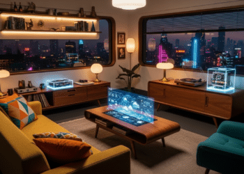 Sala de estar estilo retrô futurista// Créditos: @mauramyth - Lovart