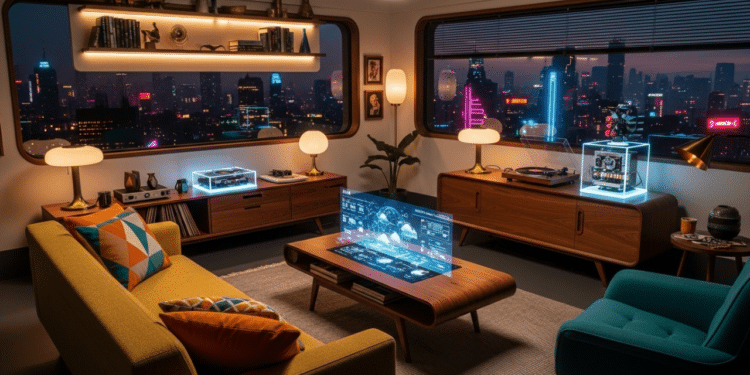 Sala de estar estilo retrô futurista// Créditos: @mauramyth - Lovart