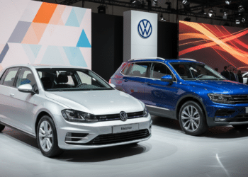 Ilustração de um Volkswagen Golf e Tiguan em exposição