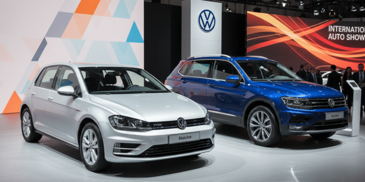 Ilustração de um Volkswagen Golf e Tiguan em exposição