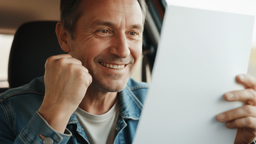 Motorista feliz vendo seu novo benefício