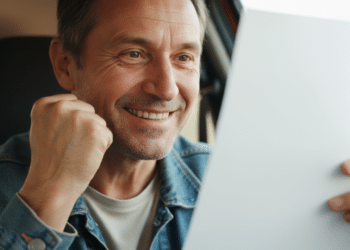 Motorista feliz vendo seu novo benefício