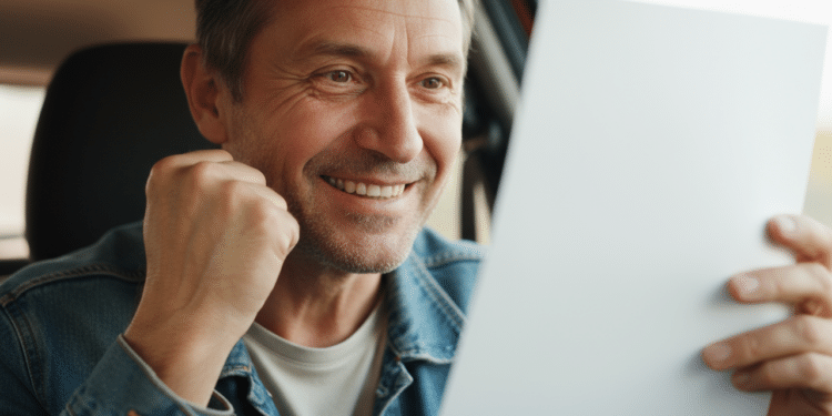 Motorista feliz vendo seu novo benefício