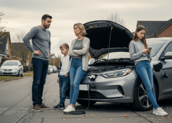 Carro elétrico quebrado na calçada