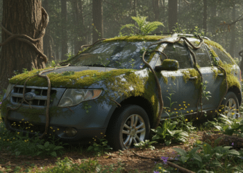 Ilustração de um Ford Edge em uma floresta