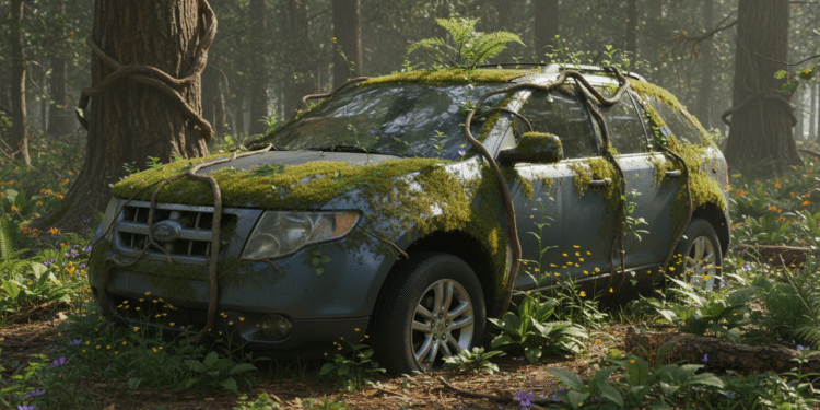 Ilustração de um Ford Edge em uma floresta