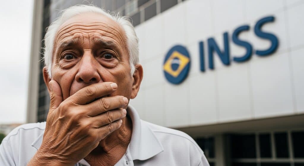 Idoso surpreso em frente ao INSS