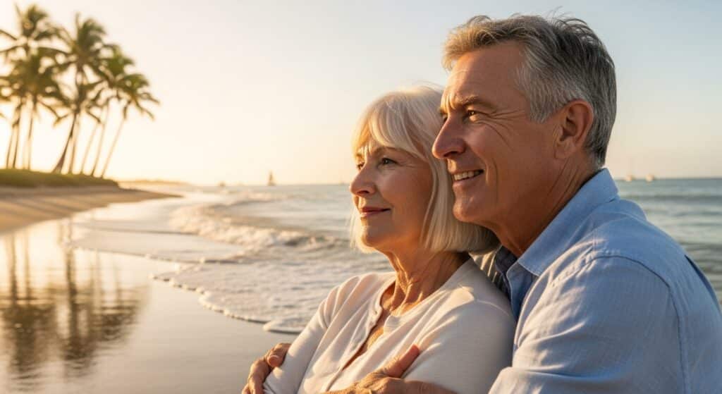 Idosos na praia após uma viagem de avião