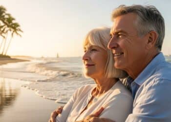 Idosos na praia após uma viagem de avião