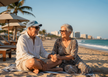 Idosos na praia sentados na areia