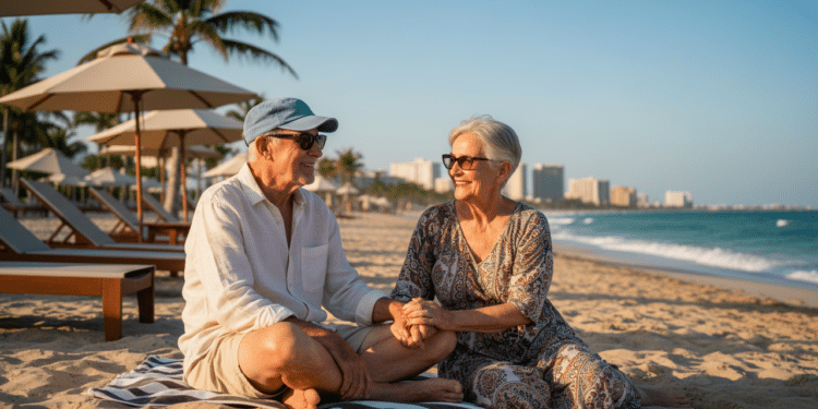 Idosos na praia sentados na areia
