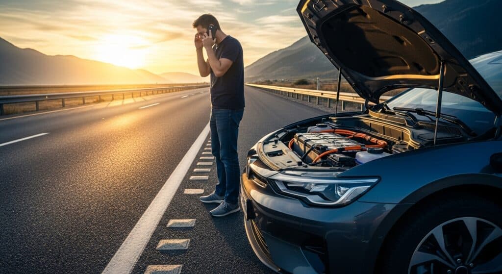 Homem em ligação no meio da estrada com seu carro