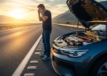 Homem em ligação no meio da estrada com seu carro