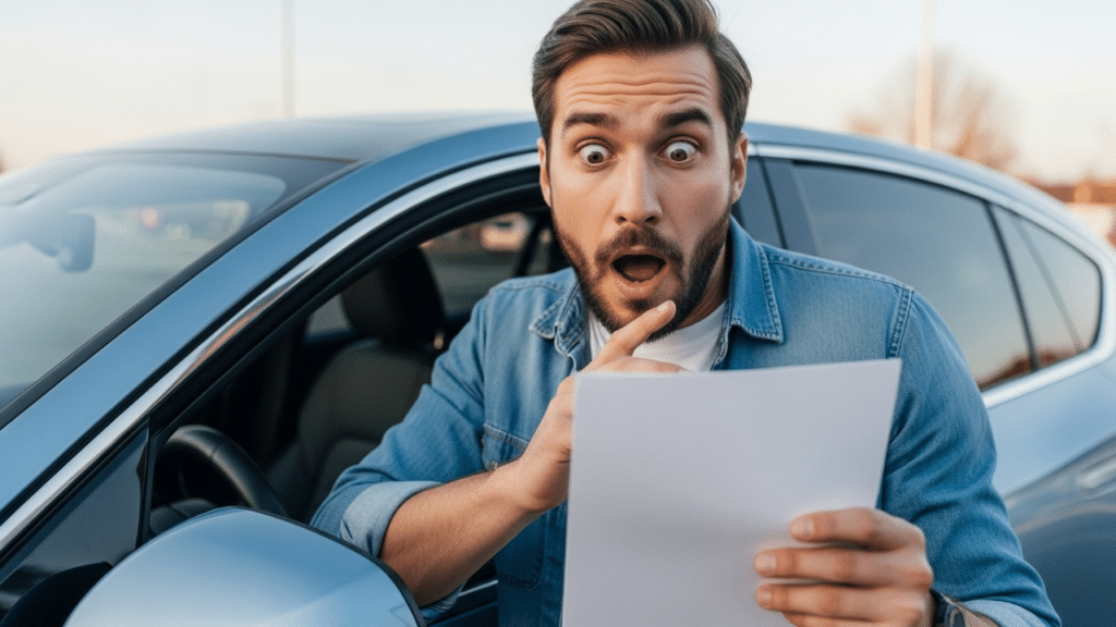 Motorista surpreso ao lado do seu carro