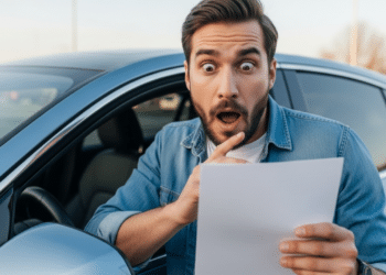 Motorista surpreso ao lado do seu carro