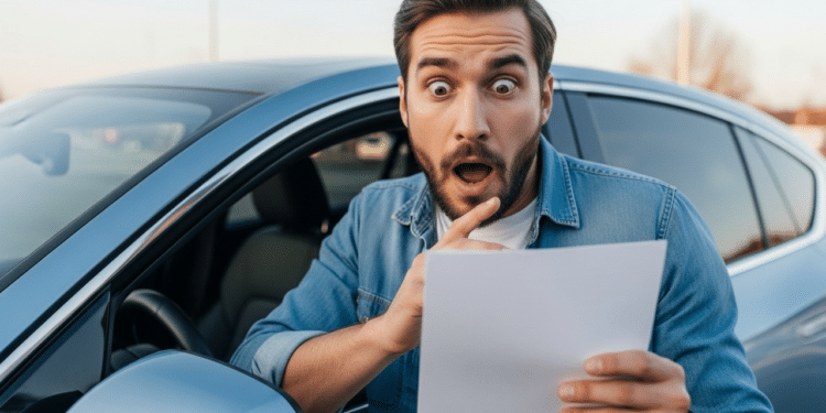 Motorista surpreso ao lado do seu carro