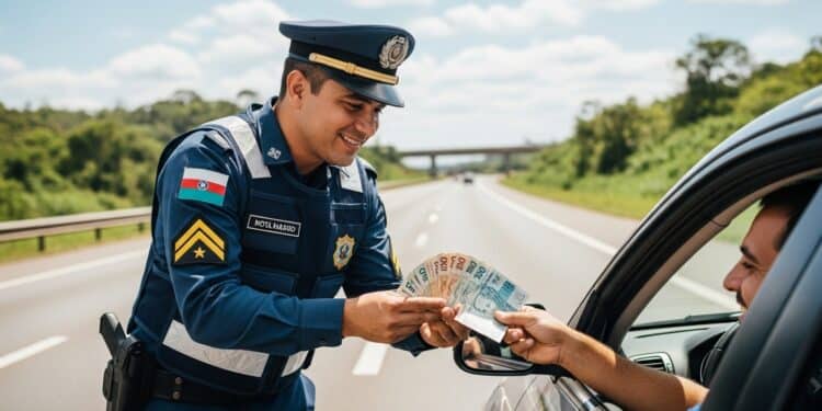 Motorista recebendo dinheiro de oficial