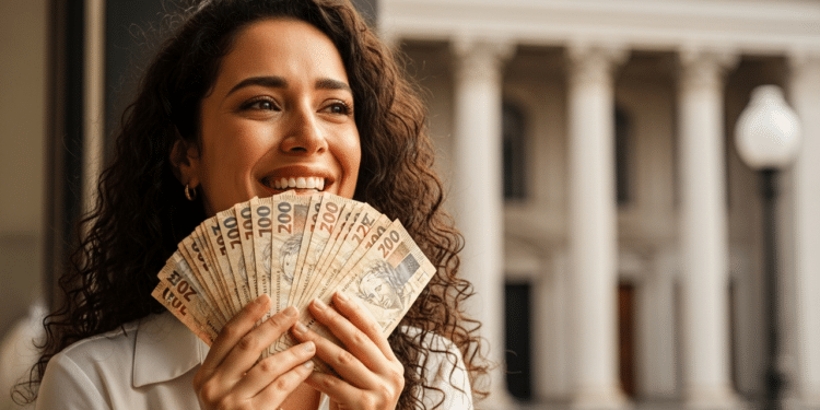 Mulher com notas de dinheiro na mão de forma ilustrativa