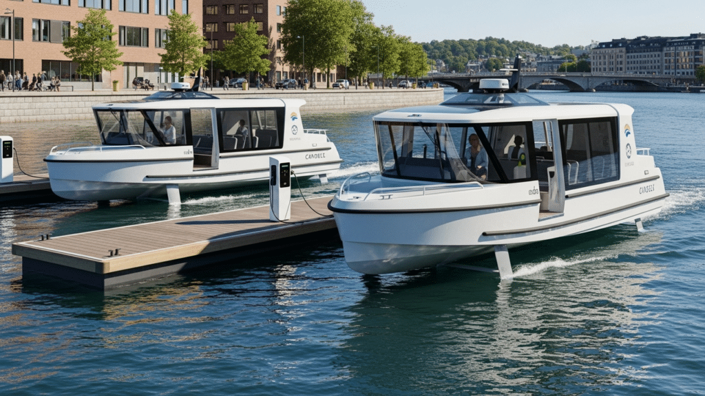 Ilustração de navios elétricos sendo recarregados