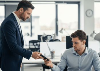 Chefe pegando celular de funcionário