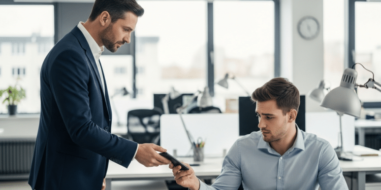 Chefe pegando celular de funcionário