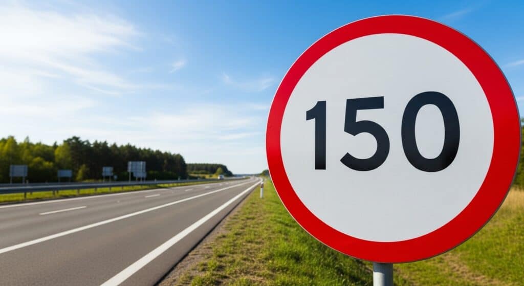 Placa de 150 km/h de limite de velocidade