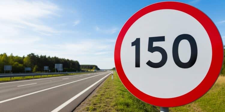 Placa de 150 km/h de limite de velocidade