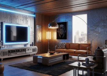 Ilustração de uma sala retrô futurista