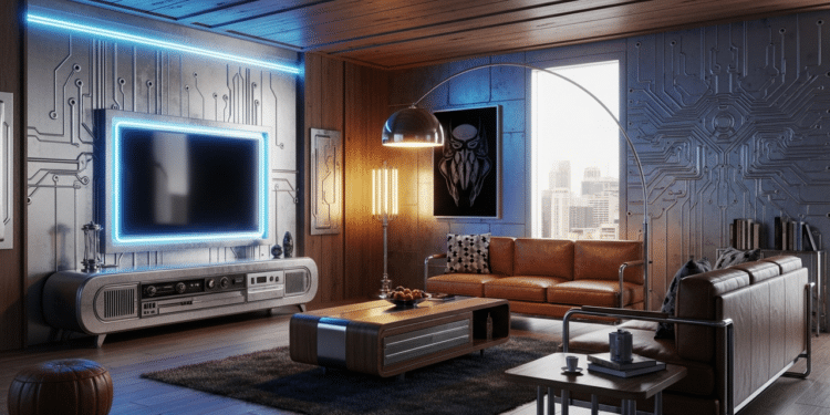 Ilustração de uma sala retrô futurista