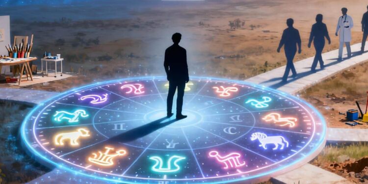 Ilustração de seu ego centralizado entre os signos e profissões