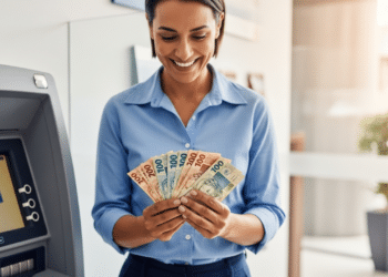 Mulher retirando dinheiro do banco