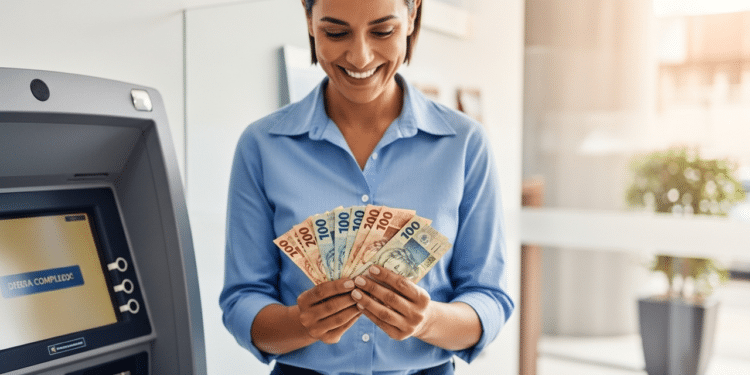Mulher retirando dinheiro do banco
