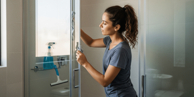 Mulher limpando o box do banheiro