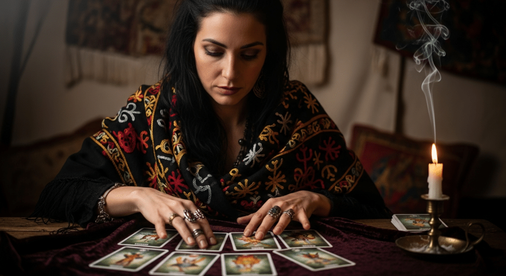 Mulher mexendo em cartas do baralho cigano