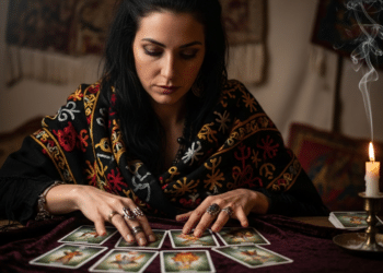 Mulher mexendo em cartas do baralho cigano