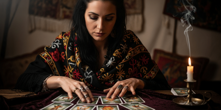 Mulher mexendo em cartas do baralho cigano