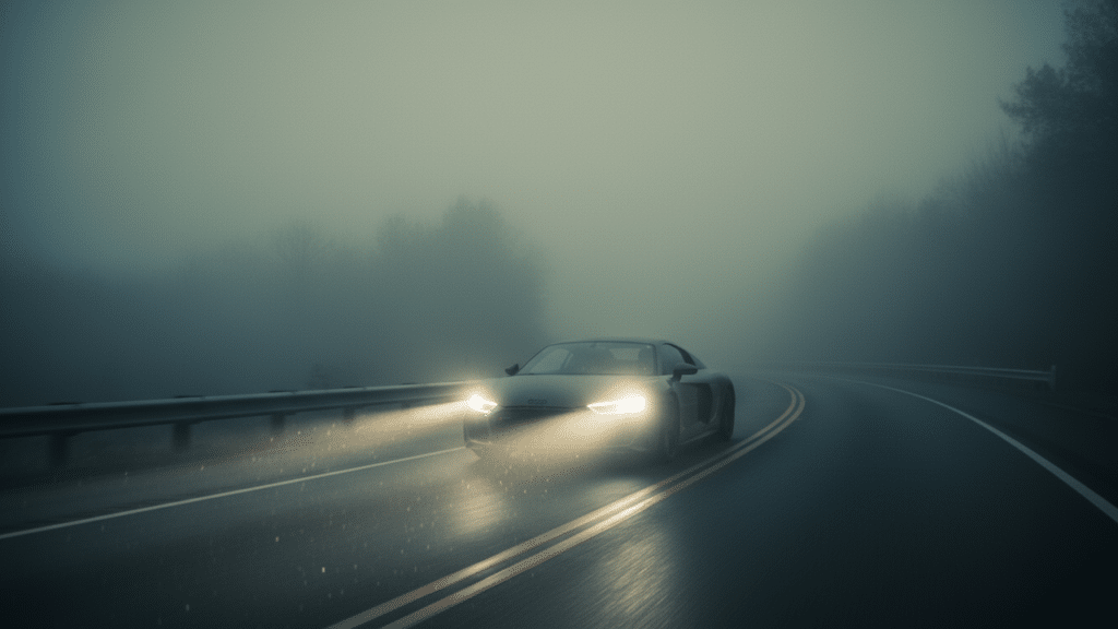 Carro com farol ligado durante estrada na neblina